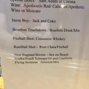Menu for special drinks mixed based on my husband&apos;s favorites: place, sports and drinks!
