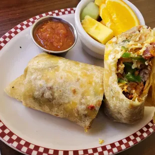 Breakfast burrito with bacon and sausage and fresh jalapeño