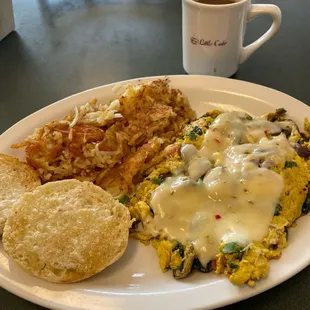 Karen's Scramble with crispy hash browns, English muffin, and coffee. Yummy!