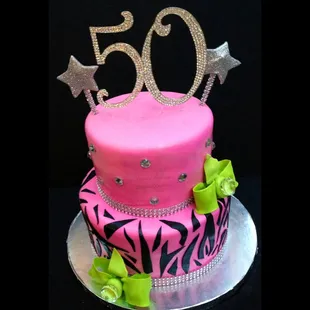 Fondant hot pink two tiered 50th birthday cake