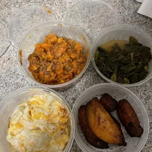 Yams, Mac and cheese, plantains, greens (ate 1/2 before I took the pic)