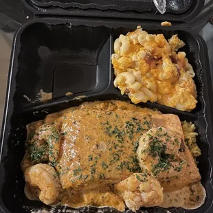 Cajun salmon with shrimp (Mac and cheese/yellow rice as sides)