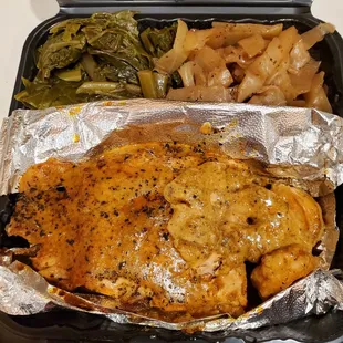 Crab stuffed salmon, cajun shrimp, collard greens, cabbage.