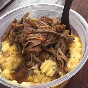 Goat cheese grits with slow roasted beef
