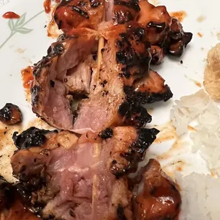 The whole BBQ chicken skewer was raw inside.