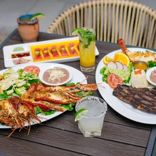 Langostinos, steak and lobster, mango jalapeño tuna sashimi
