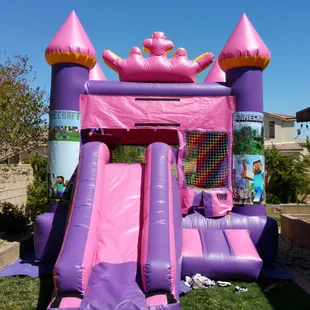 Had Mincraft banners, basketball hoop inside, and tall slide