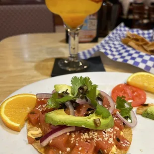 Tostada Ahi Tuna Ceviche and mango margarita