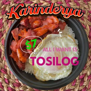 ToSiLog means - Tocino is our cured sweet &amp; savory pork, Sinangag is garlic rice &amp; Itlog is fried egg.