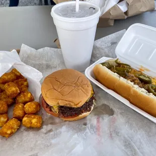 Double Cheeseburger, French Fries, Chili Cheese Dog