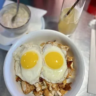 Chicken &amp; Waffle Bowl, side of gravy &amp; Sidecar Mimosa