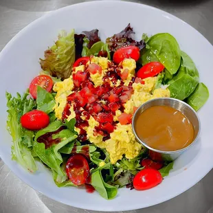 Curry Chicken Salad on Greens with Balsamic Vinegar on the side