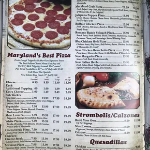 Menu pizza calzones and more