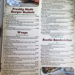 Menu burgers wings and sandwiches