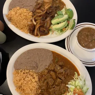 Fajitas Rancheras (top), carne guisada (bottom)