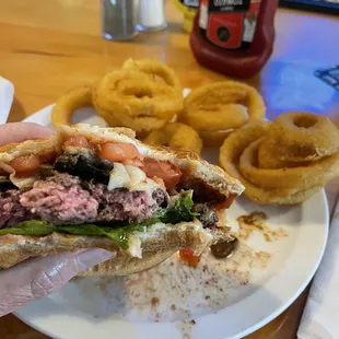 Swiss mushroom burger, medium rare...