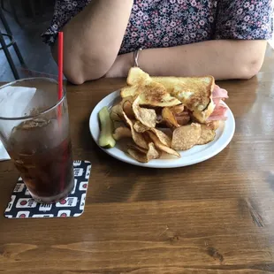 Ham, cheese and pineapple sandwich with homemade chips!  Great food!