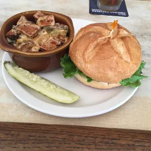 Cajun potato salad and cheeseburger