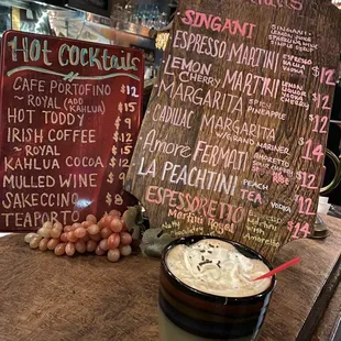 Irish Coffee with hot and specialty menus in the background