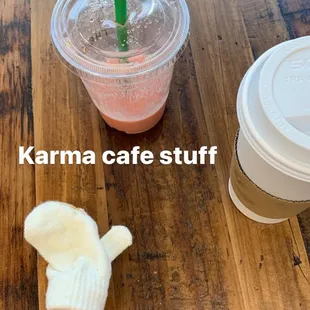 Smoothie and coffee (and baby mitten)