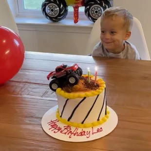 Monster truck cake! We were very happy with this cute little chocolate birthday cake! Thank you Karma!