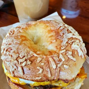 Sugar-free iced vanilla latte. Asiago cheese bagel sandwich with turkey sausage, egg and cheddar cheese.