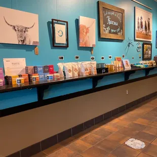 a long counter with books on it