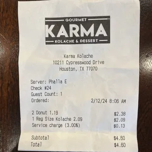 the receipt for the restaurant