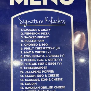 Kolache menu