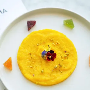 Yellow Lentil Halway Dessert with Pate de fruits.
