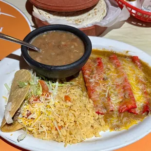 Lunch Mexican Plate, requested charro beans instead of refried beans.