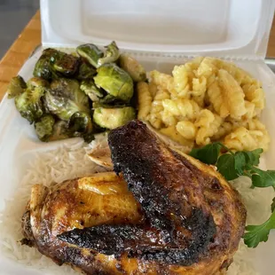 Quarter chicken, Mac N cheese, Brussels sprouts