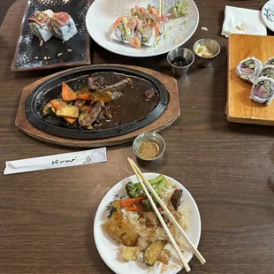 A sample of a variety of entrees and sauces.