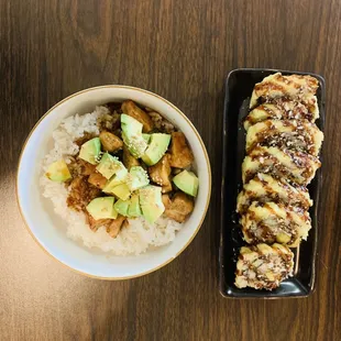 chicken Avocado rice  Fried rolls