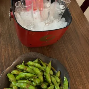 Edamame and chilled Ozeki Sparkling Hana Awaka Sake