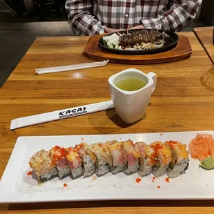 Masters Maki, hot green tea, and teriyaki beef from the teppanyaki