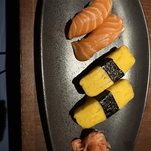Tamago and salmon nigiri