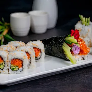 Spicy Tuna Roll (cut roll and hand roll) shown here.