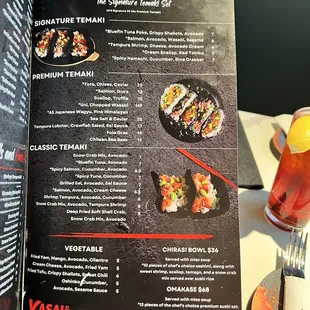 menu, sushi and sashimi