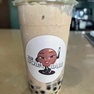 Frosted Okinawa Milk Tea w/ Brown Sugar Boba &amp; Lychee Jelly