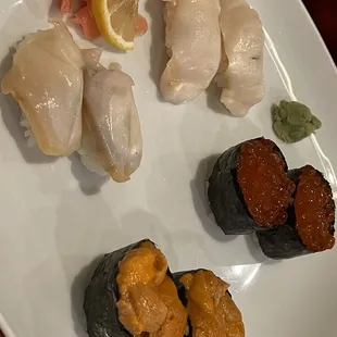 Whelk Clam Nigiri, Conch Clam Nigiri, Salmon Roe Nigiri, Sea Urchin Nigiri