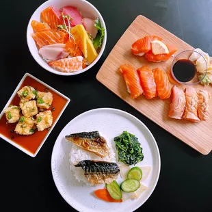 Chirashi Bowl, Salmon Special Nigiri, Agedashi Tofu side, Saba Shioyaki Bento w/ Ohitashi &amp; Nukazuke