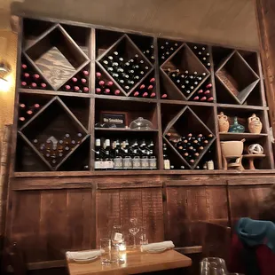 a wine rack in a restaurant