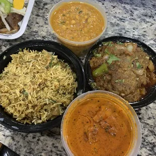 Lamb briyani, dal, goat Karahi, butter chicken