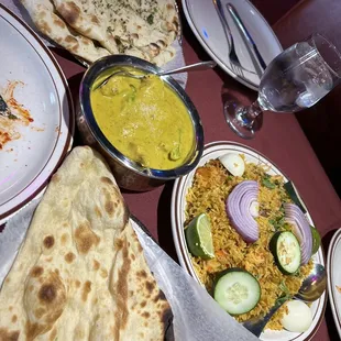 Lamb Briyani, Chicken Roasti and garlic bread.