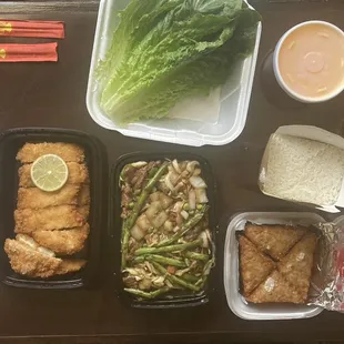 $37 before tip--lemon chicken w/white rice, lettuce beef wraps (add green beans), shrimp toast w/sweet &amp; sour. So many leftovers.
