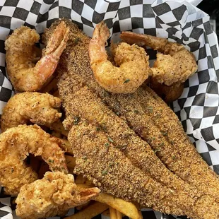 Catfish &amp; Shrimp Basket. Comes with fries and hush puppies!