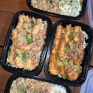 Bacon fried rice, garlic butter and Cajun garlic butter shrimp, Mac salad 10000/10
