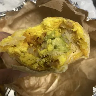 Breakfast  Cali Burrito with Eggs, Potatoes, bacon, avocado and cheese
