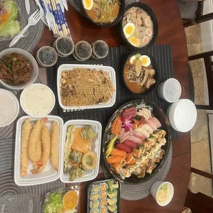 Sushi and Sashimi for 2 White Rice Combination Yaki Udon Golden Miso Ramen Black Shoyu Ramen Shio Ramen Vegetable Tempura